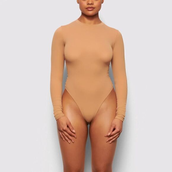 Skims Fits Everybody Long Sleeve Crew Neck Thong Bodysuit US Size 3X Brown - Picture 1 of 5